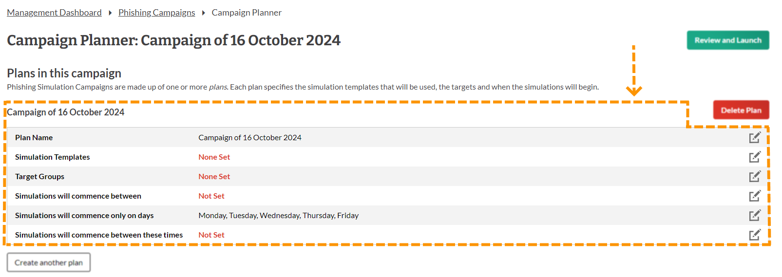 Screenshot of advance planner table