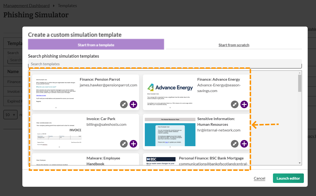 Screenshot of the templates available on the LMS