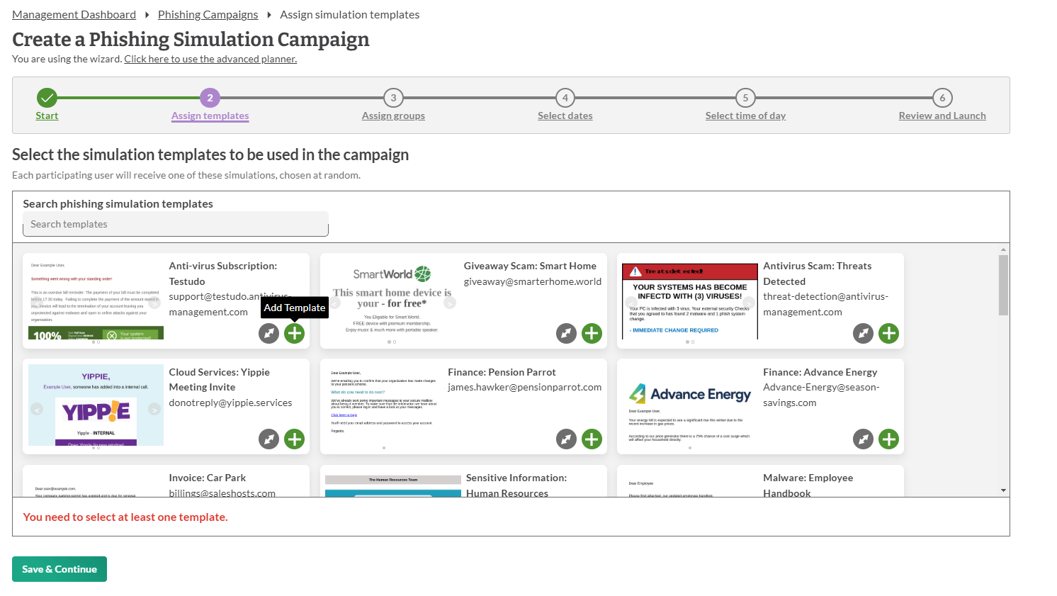 Screenshot of the assign templates section