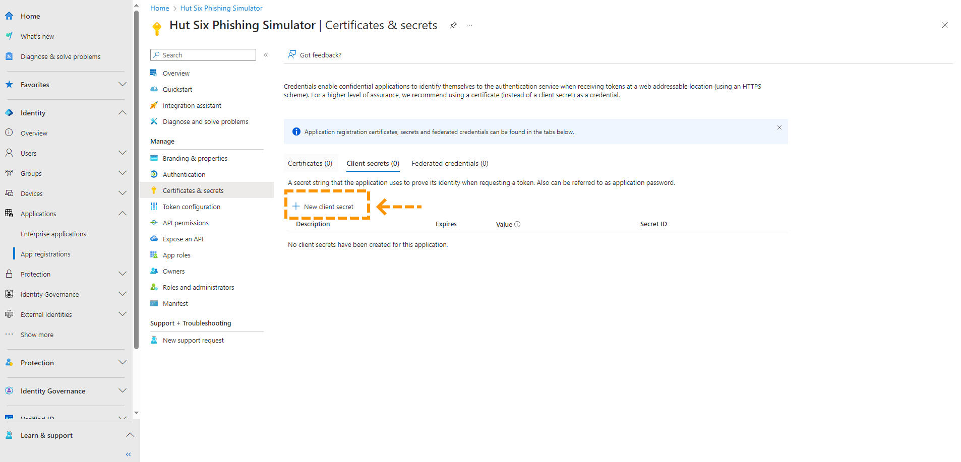 Screenshot of Certificates and secrets page