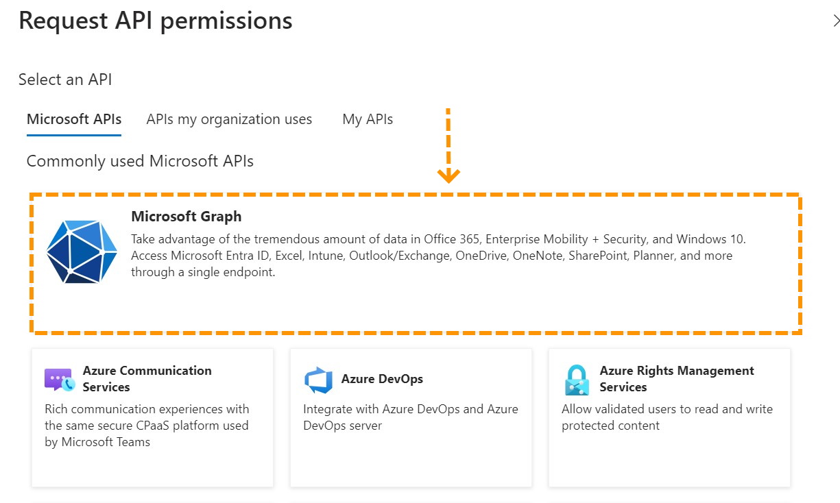 Screenshot of Request API permissions window with Microsoft Graph option